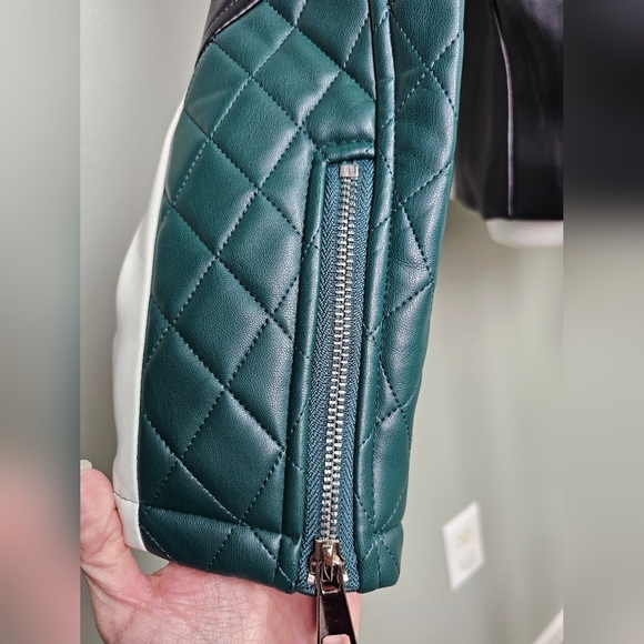 Color-block Vegan Leather Moto Jacket Black White Dark Green LARGE - Picture 10 of 13